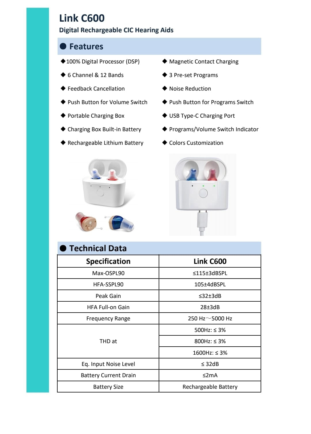 Specifications and Features of eEAR-CIC-R-600 rechargeable CIC hearing aid charging
