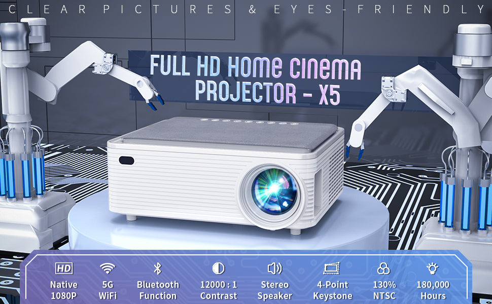 Projektor ePP-X5 Nativní podpora 1080P Ultra HD 4k&Zoom/300''/Dust-Proof/HiFi/5G WiFi Domácí kino Kompatibilní se smartphonem/PC/TV boxem/HDMI/USB (bílá)