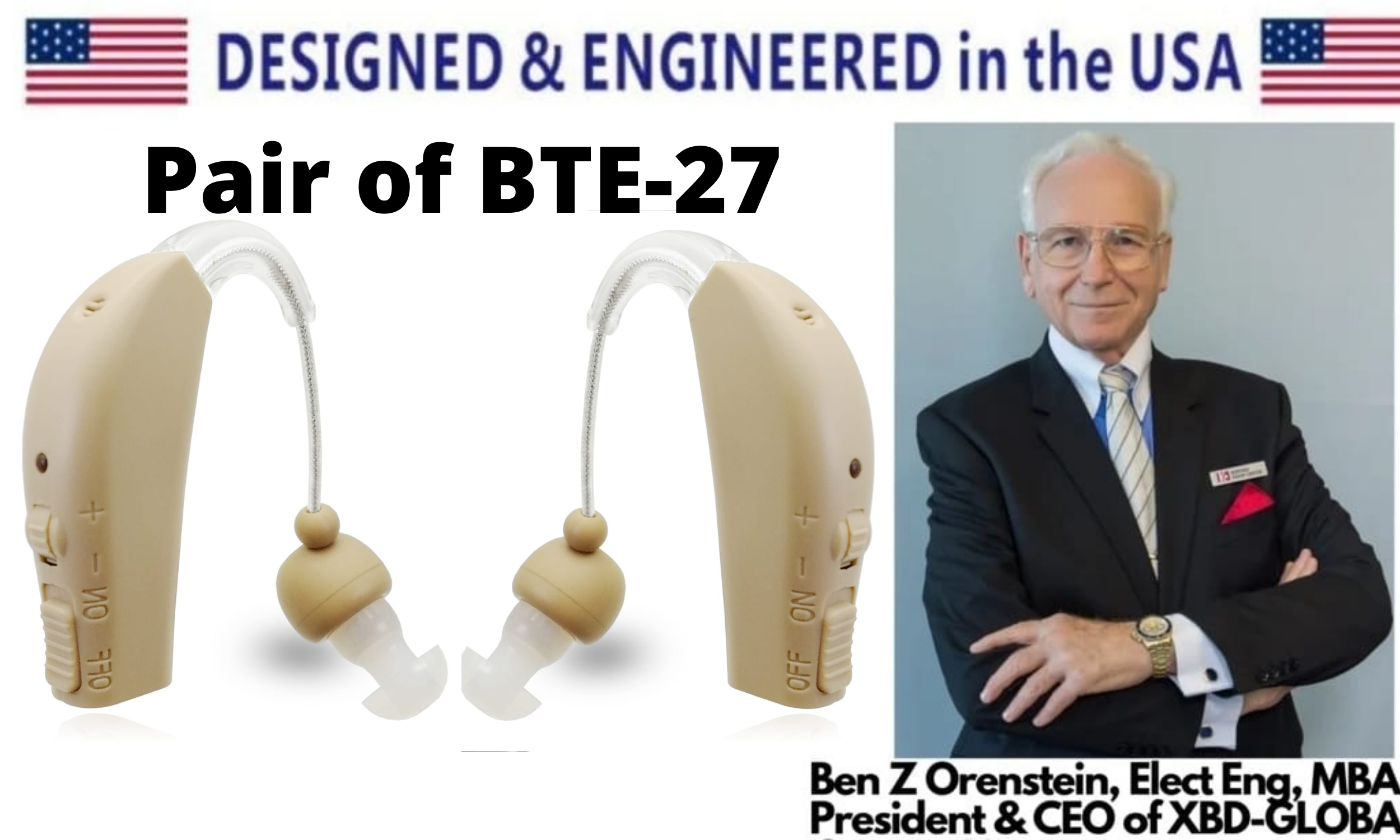 Par de Mini Audífonos Detrás de la Oreja Audífono Recargable BTE-27 Diseñado y Fabricado en los EE. UU. Vendido 12,000+ en todo el mundo