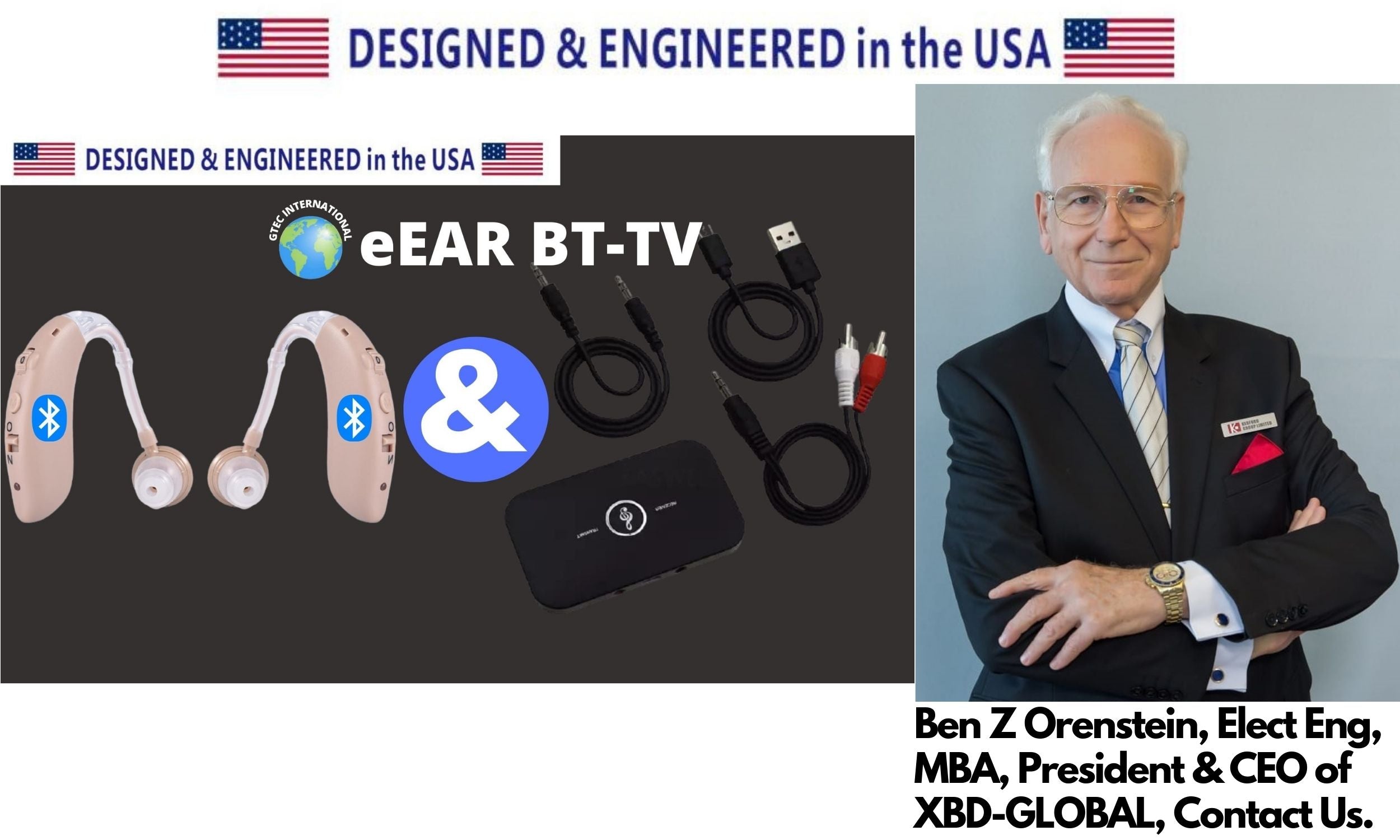 eEAR Bluetooth TV System eEAR BT-TV-02 Paar Die perfekte Lösung zum Fernsehen für Hörgeräteträger und Hörgeschädigte. Entworfen und hergestellt in den USA