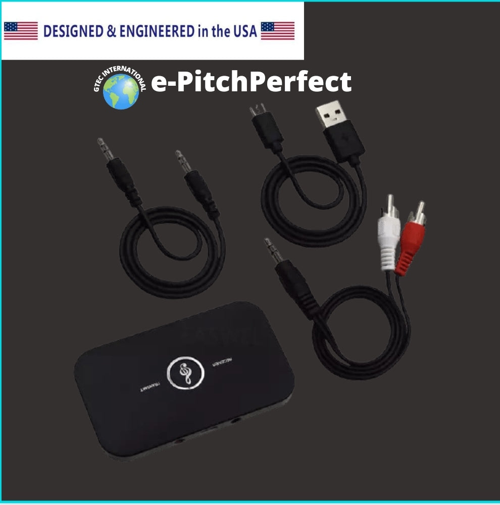 e-PitchPerfect - Adaptador de audio inalámbrico BT Tx/Rx Dispositivos dos en uno Receptor de música Bluetooth Transmisor con batería para PC Altavoces portátiles Diseñado y diseñado en los EE. UU.