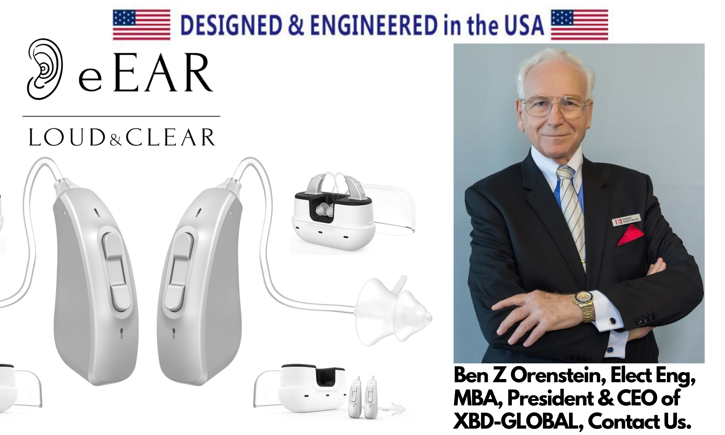 Dvojice dobíjecí digitální sluchové technologie eEAR BTE H4 navržená a zkonstruovaná v USA