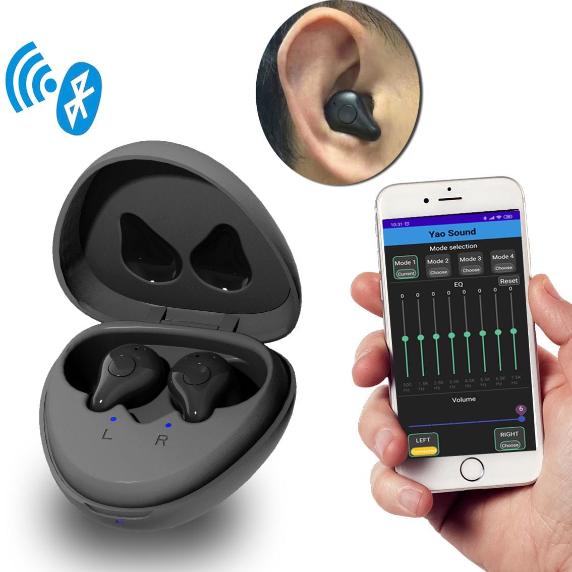 一对新的 eEAR 助听器和蓝牙 (BT) 耳塞合二为一，适用于左右耳。最先进的技术，易于使用的助听器应用程序。助听器行业中的一种。以实惠的价格提供最优质的产品。