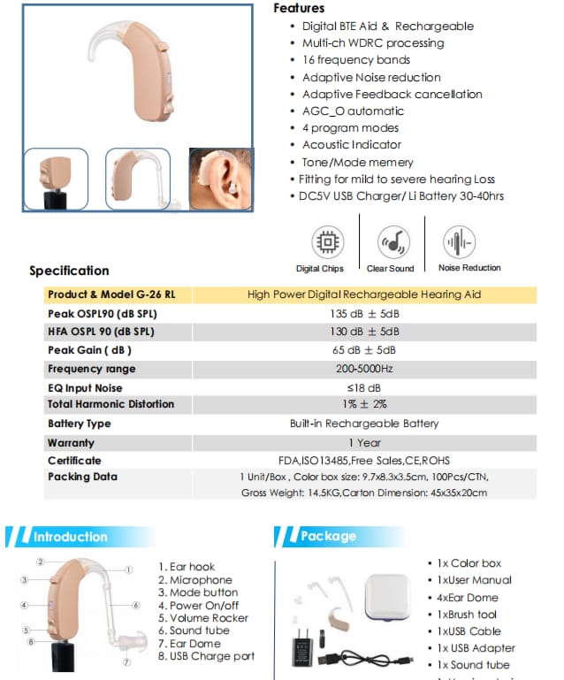 eEAR® BTE-26SP 改进的耳后溢价 BTE 可充电数字助听器专为严重听力损失而设计 在美国设计和制造