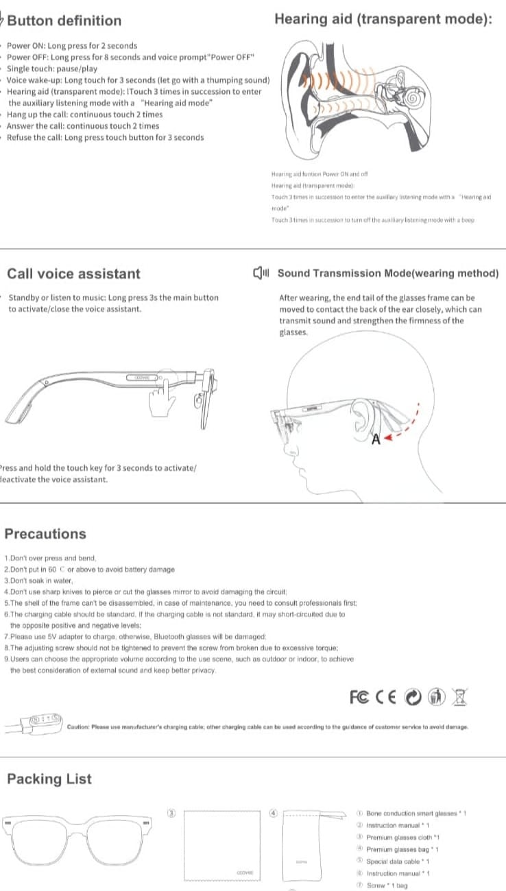eEAR BTGC-001: Inteligentní Bluetooth brýle s technologií kostního vedení vojenské třídy, nejnovější audio technologie pro chytré brýle. Lze použít jako chytré optické a BT zvukové brýle, vše v jednom