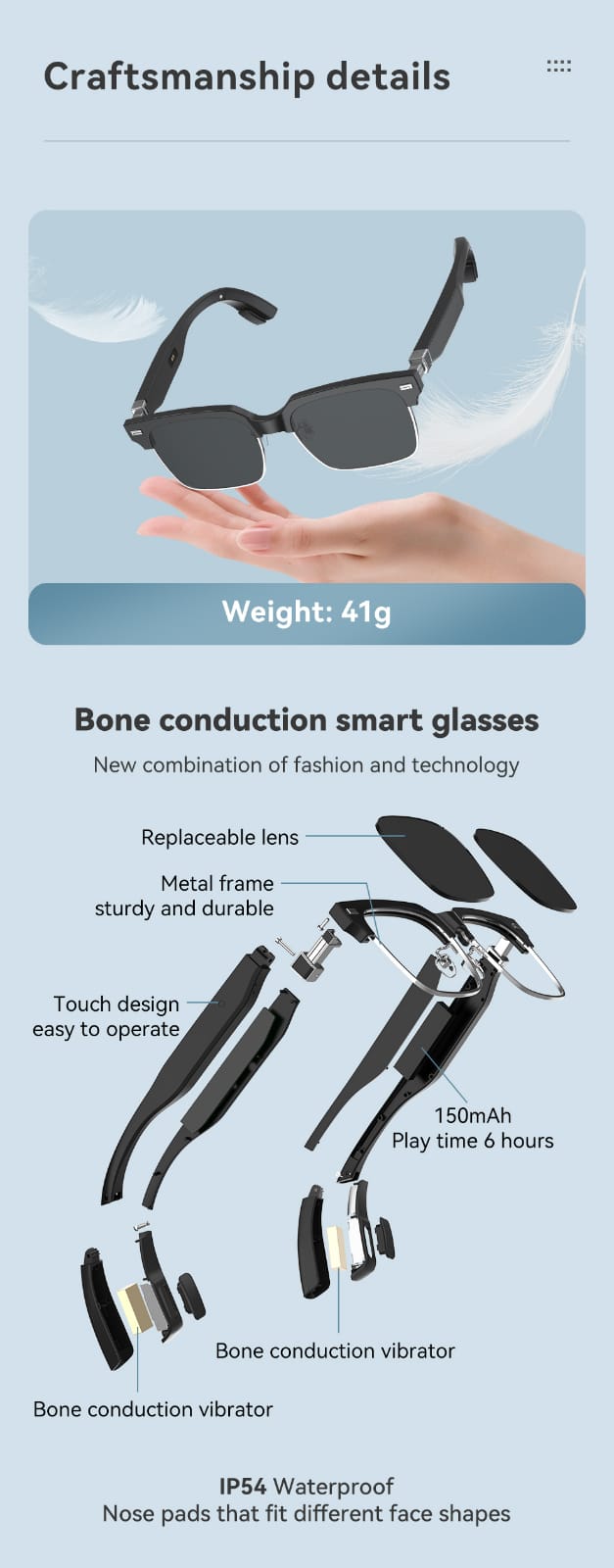 Craftsmanship eEAR® BTGC-001 Bone Conduction Glasses Military Grade Intelligence Smart Bluetooth Glasses, Latest Audio Technology for Smart Optical & Bluetooth Audio Glasses
