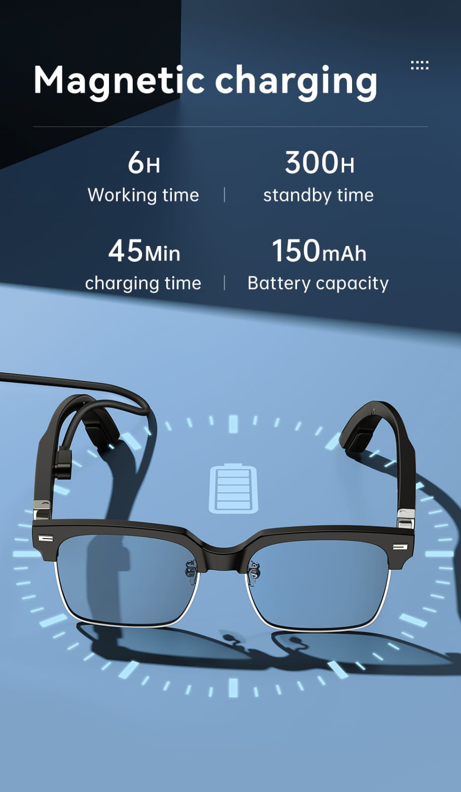 eEAR® BTGC-001 Bone Conduction Glasses comes with Magnetic charging doc